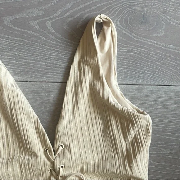 Cream Ribbed Lace-Up One -Piece Swimsuit - Picture 3 of 6